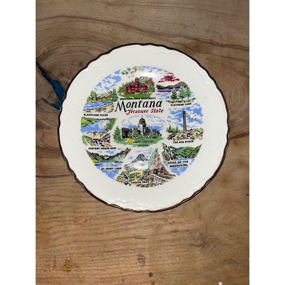 Vintage Montana Treasure State Souvenir Plate Scalloped Gold Rim Decorative 7in